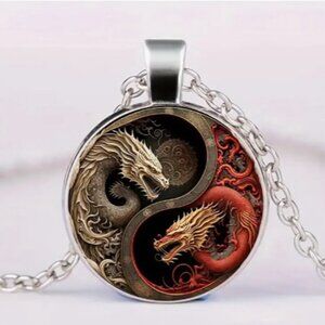 Bohemian Style Retro Tai Chi Two Dragons Pattern Round Pendant Necklace